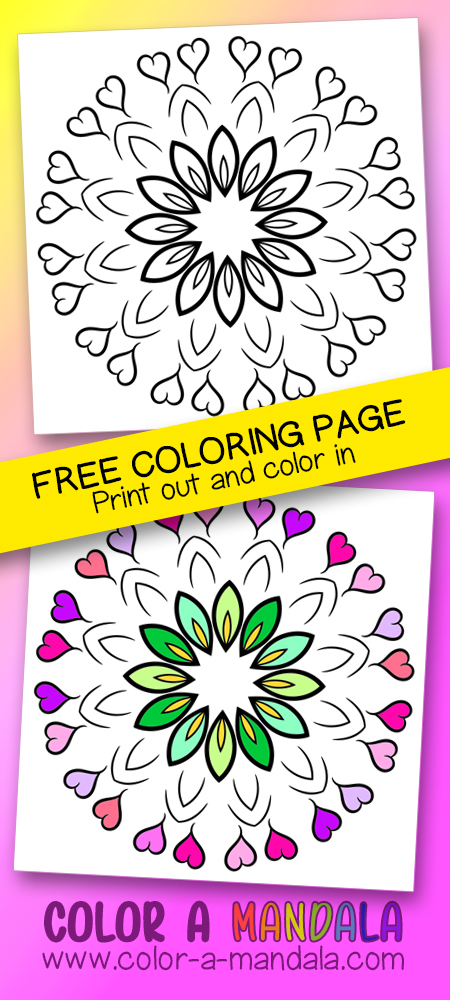 Free mandala coloring page surrounded by hearts.