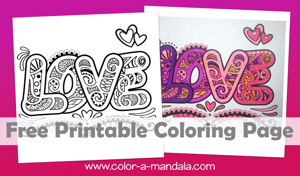 Free printable LOVE doodle art zentangle coloring page