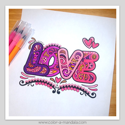 Free printable coloring page with the word LOVE.