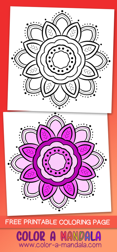 This simple flower shaped mandala is fun to color in. It's free to download and print.