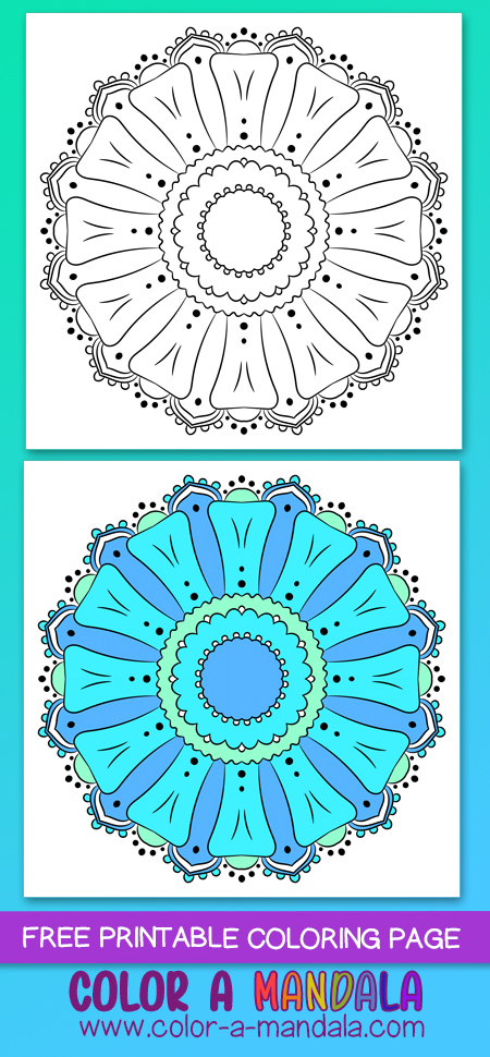 This is a free and fun coloring page. This simple flower mandala is good for all ages. Perfect for when you only have a few moments for coloring.