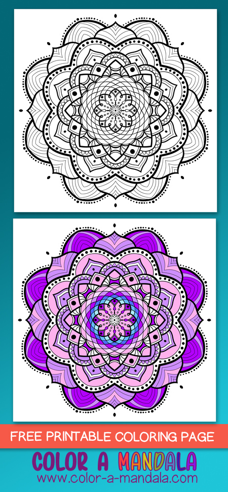 This free flower mandala coloring page is quite lovely when colored in. It has a fairly intricate design, and allows you to have some fun with the different textures and shapes.