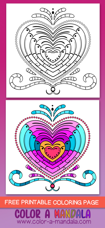 Is this hearts coloring page a zendoodle or is a mandala? Who knows?  However, this fun coloring page has hearts nested within hearts and is fun to color in.