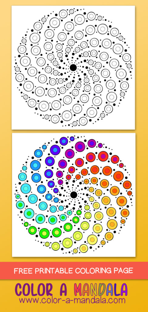 Two images of a swirly dot mandala coloring page.  One is black and white, and the other is brightly colored.