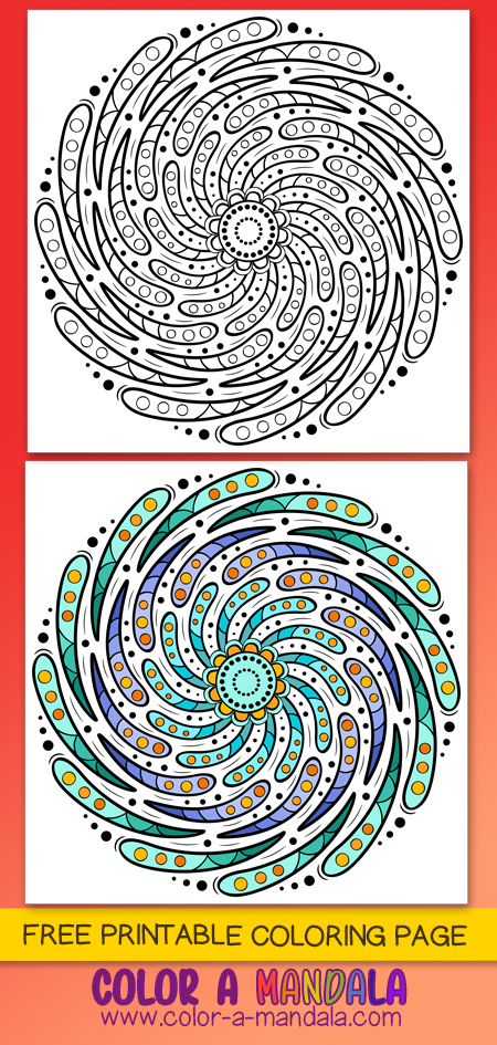 This swirly whirly mandala coloring page looks like it is spinning round and round. 
