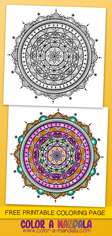 This mandala has 8 layers of designs to color in. Each one is different. Although it is a fairly complex design, it will give you a chance to practice mindfulness while you concentrate on coloring.
