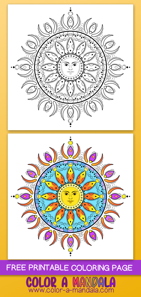 Say hello to the sun with this mandala coloring page!

Inspired by vintage wood cutting artwork, two layers of sun rays radiate out from the sun's face.