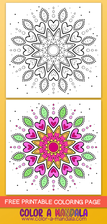 A simple and sweet free coloring page. Have fun coloring this mandala design with a flower, hearts, and leaves.