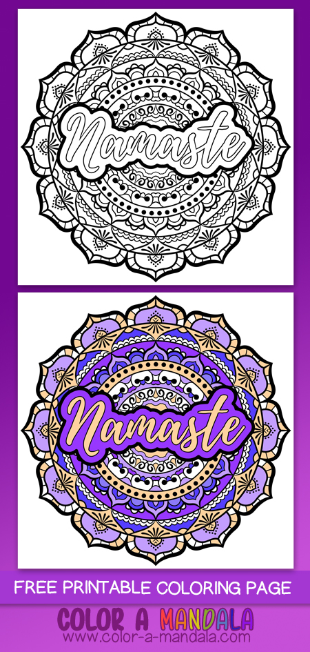 Free Namaste mandala coloring page. 
This printable coloring page is free to download and color in.
