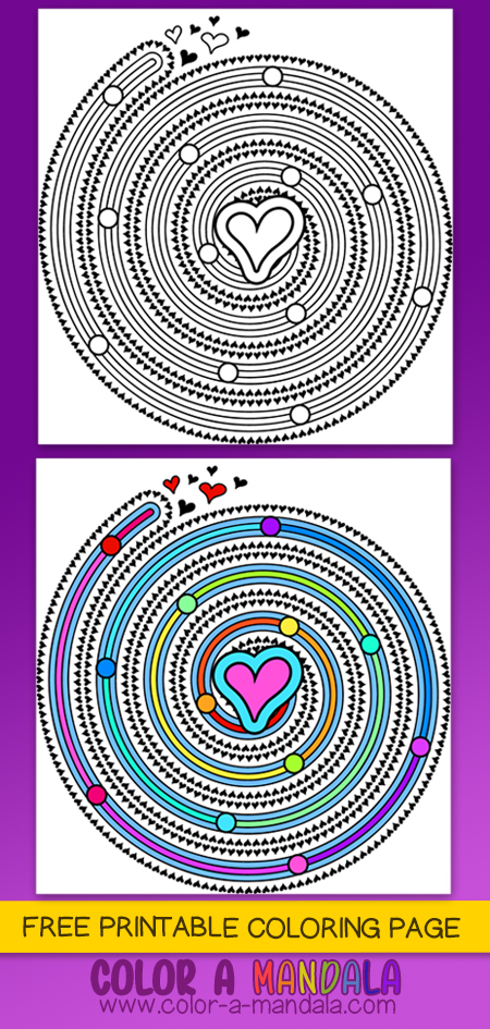 Looking for a unique coloring page? Check out this free printable page with hearts and a spiral. Print it out and color it in.
