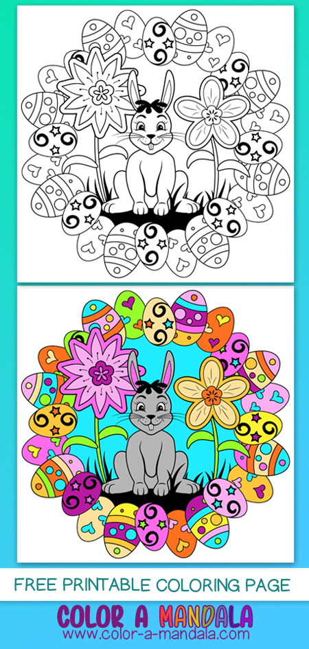It's spring! Time for a cute little Easter bunny and lots of Easter eggs. Free printable coloring page.