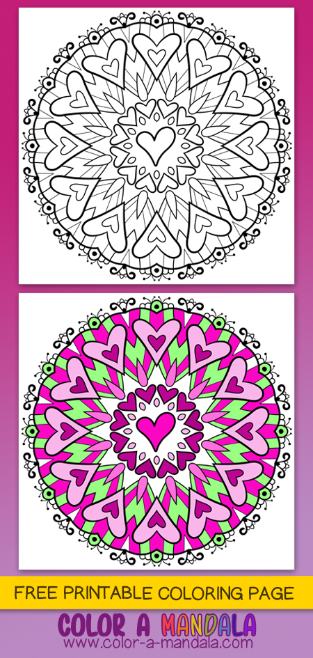 Free mandala coloring page with lots of hearts.