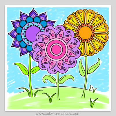 Mandala garden coloring page colored in.