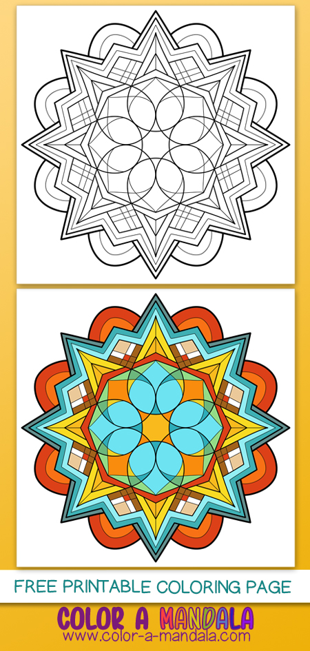 This mandala has strong lines and geometry which gives it a bit of an art deco. Print it out for free and color it in.