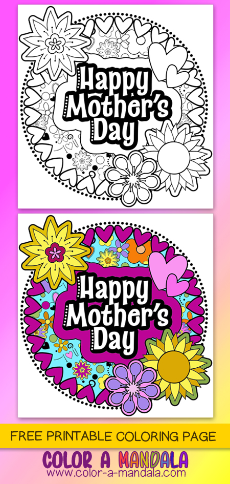 Say "Happy Mother's Day" with this coloring page filled with flowers and hearts. Free to print out and color in.