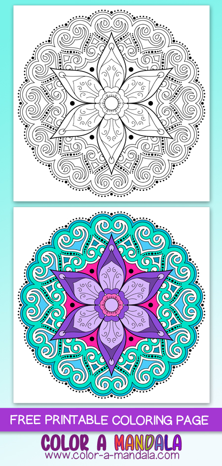 This coloring page has a beautiful 6 petaled flower sitting in the middle of swirls. This mandala is free to print out and color in.