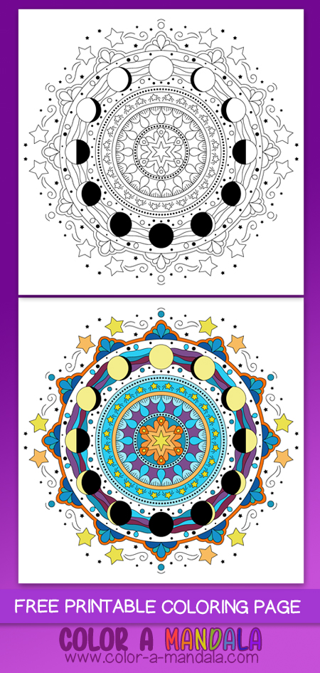 Follow the moon as it travels through its phases from full to new and back to full again. Of course, there are also plenty of stars to color in as well in this coloring page! Free to print out and color in in.