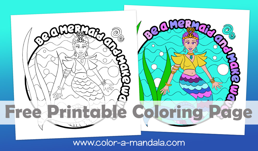 Free printable coloring page. Be a mermaid and make waves.