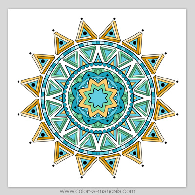 Mandala coloring page with impossible optical illusion triangles. Colored in.