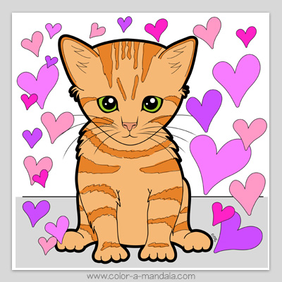 Kitten coloring page colored in.