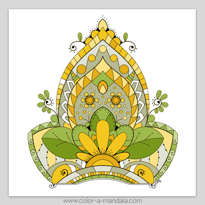 Slice of mandala coloring page colored in.