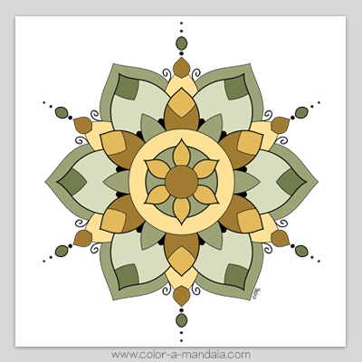 Simple flower mandala coloring page with sample color combination