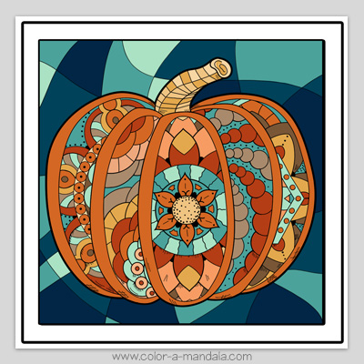 Pumpking mandala coloring page colored in by Color-a-Mandala