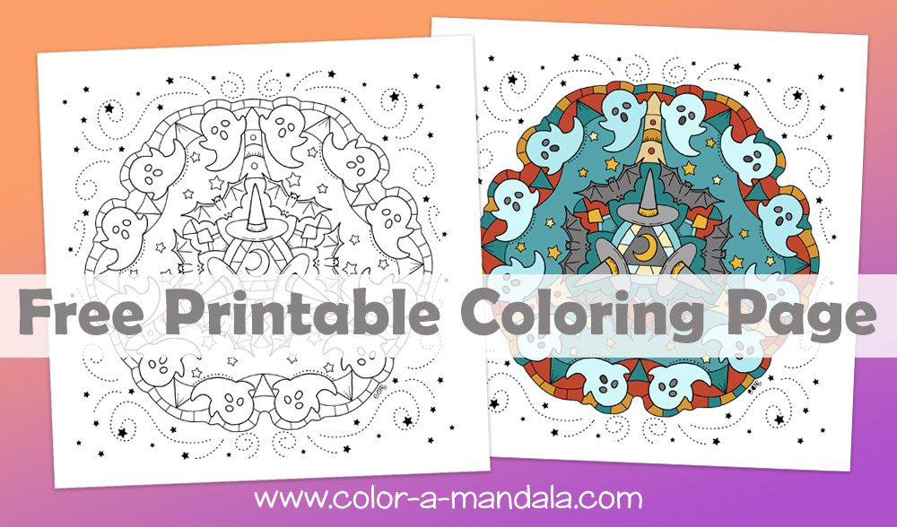 Free printable Halloween coloring page with ghosts, bats, and witch hats.