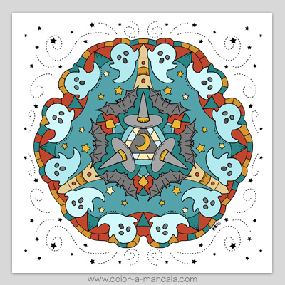 Halloween ghosts mandala coloring page.