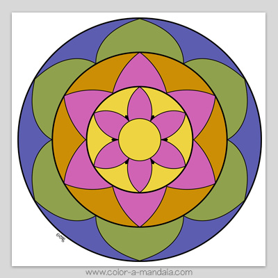 Easy coloring page in the shape of a flower mandala.  Colored in sample.