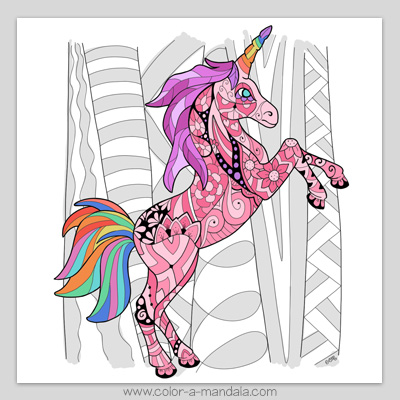 A color image of a unicorn coloring page. The unicorn has a rainbow colored tail and is decorated with doodle art and mandala designs.