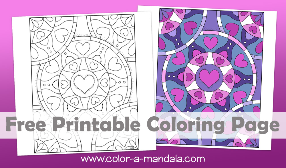 Heart mandala coloring page. Free printable design. 