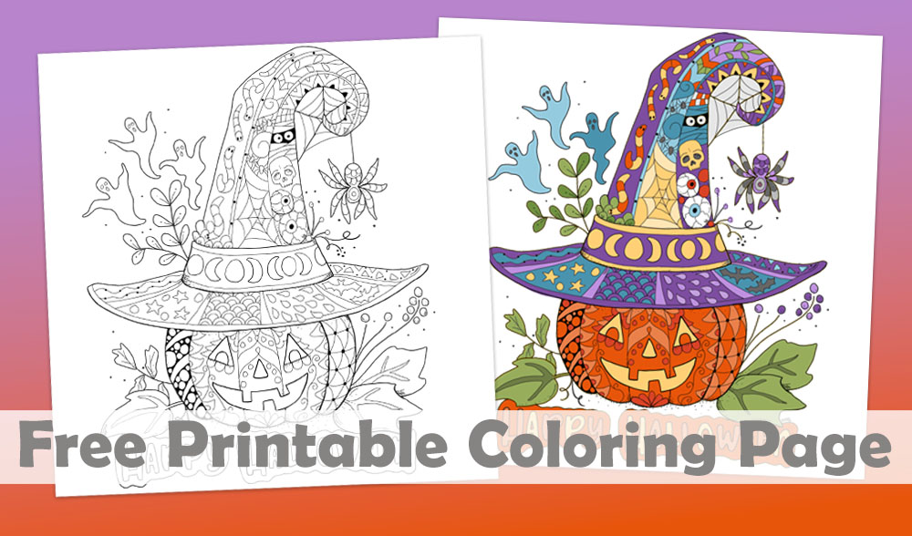 Free printable Halloween coloring page with a smiling jack o lantern wearing a witch's hat. It is covered in doodles.