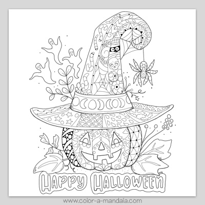 Free printable Happy Halloween coloring page with a pumpkin wearing a witch's hat. It is covered in zentangles and doodles.