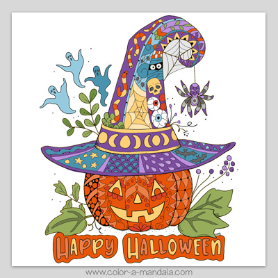 Happy Halloween coloring page with a pumpkin wearing a witch's hat.
