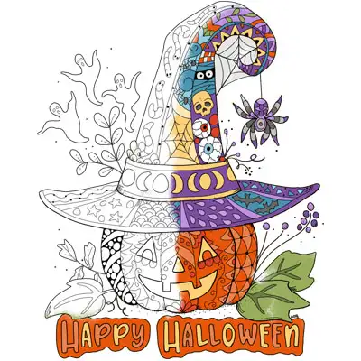 Halloween Jack O Lantern in witch hat coloring page