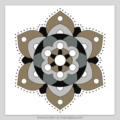 Mandala coloring page colored with neutral browns and grays.