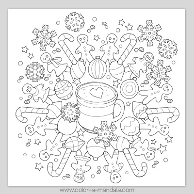 Christmas holiday cookies coloring page. Free printable coloring sheet with hot chocolate, gingerbread men, ornaments, snowflakes, and candy canes.