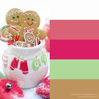 Gingerbread cookie jar color palette with pink, green, and brown.