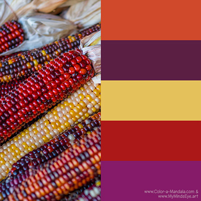 Native American Heirloom Corn color palette. Orange, purples, yellow, and deep red.