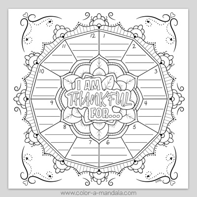 Thanksgiving coloring page with I am Thankful for worksheet by Color A Mandala