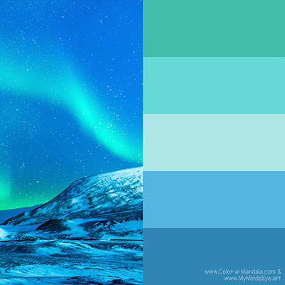 Green and blue color palette with picture of Northern Lights Aurora.