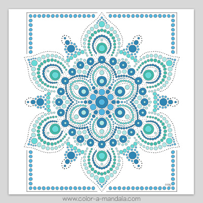 Dot mandala coloring page by Dee at Color a Mandala. Free printable coloring sheet. Example of completed coloring page.