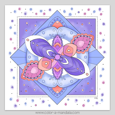 Asymmetrical mandala coloring page with sample colors.