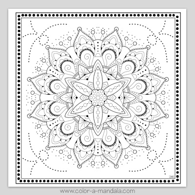 Black and white image of a 12 sided mandala coloring page by Color A Mandala.