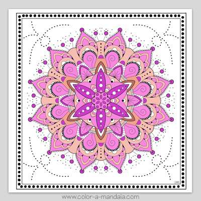 Image of a mandala coloring page that has been colored in.