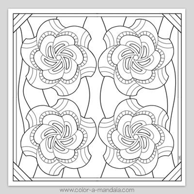 Swirly mandala coloring page with 4 mandalas on an abstract background.  Free coloring page to download and print.