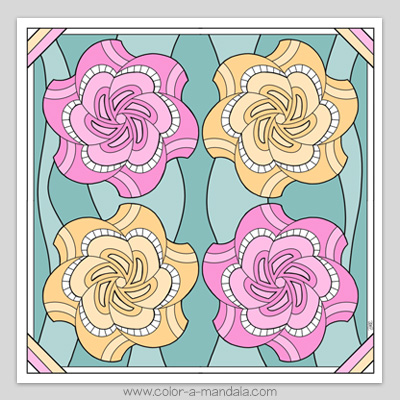 Completed example of a swirly mandala coloring page with 4 mandalas on an abstract background.  Free coloring page to download and print.