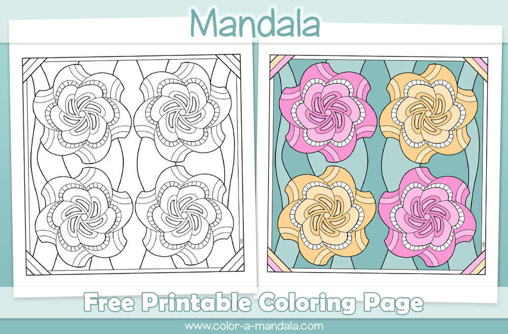 Swirly mandala coloring page with 4 mandalas on an abstract background.  Free coloring page to download and print.