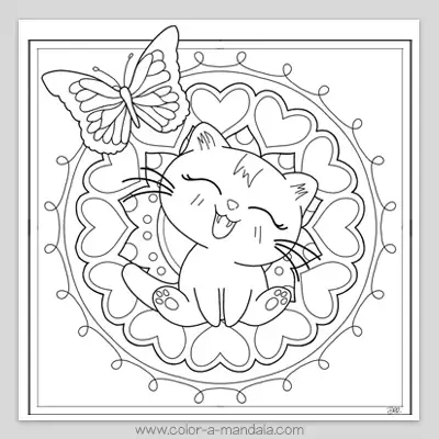 Free printable kitten coloring page with super cute cat and butterfly in a heart mandala.